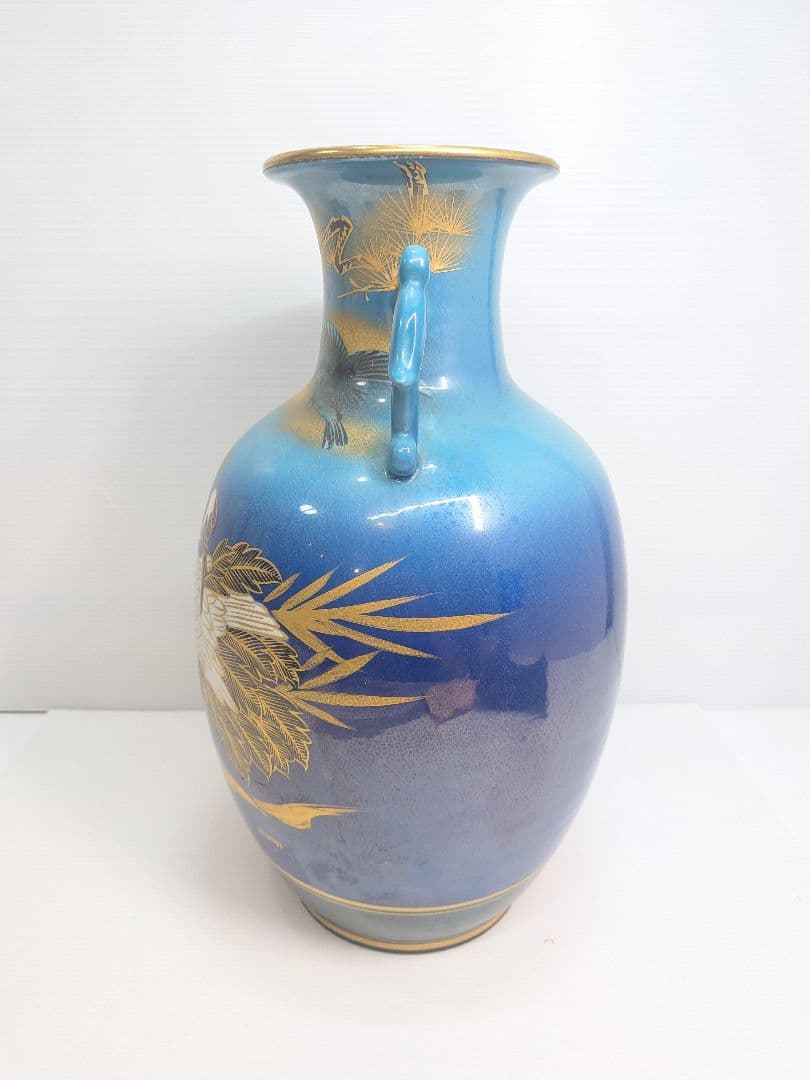 P646 九谷焼 玉浪 鶴松絵 花瓶 花器 金彩 青系 華道 茶道 インテリア